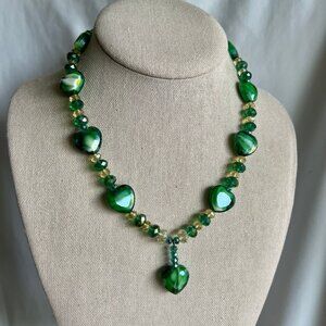 Green Glass Heart Shaped Faceted Beaded Costume Chunky Fashion Collar Necklace